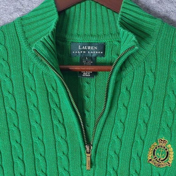 RALPH LAUREN Green Cable Knit Embroidered Crest 1/4 Zip Pullover Sweater Large - Picture 4 of 8